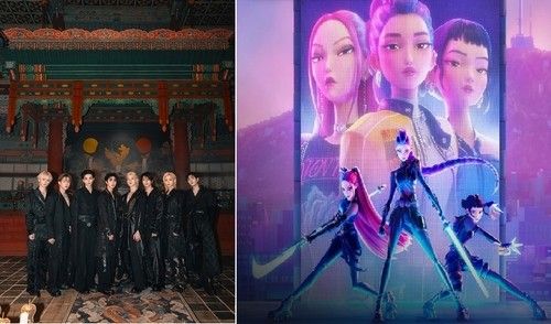 왼쪽부터 그룹 스트레이 키즈, 케이팝 데몬 헌터스