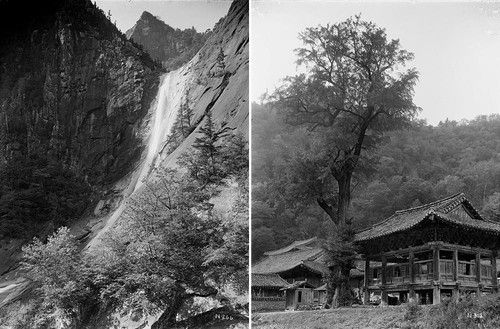1917년 10월 촬영된 금강산 구룡폭포(왼쪽)과 장안사