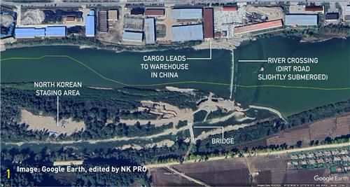 북한 양강도 일대에서 북한과 중국을 연결하는 도강로가 설치된 모습