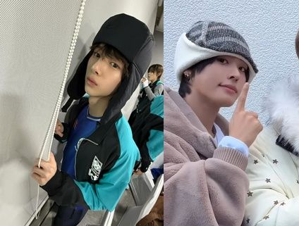 군밤장수 모자를 쓰고 있는 코르티스 멤버 주훈과 엔시티 위시 멤버 리쿠(오른쪽)