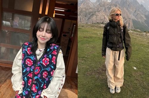 김장조끼를 입은 카리나와 그래놀라 패션을 입은 외국인(오른쪽)