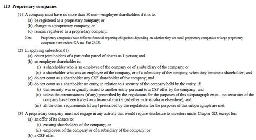 호주 회사법(Corporations Act 2001) 중 'Proprietary company'에 관한 부분. [호주 연방 입법 등록부(Federal Register of Legislation) 홈페이지 캡처. 재판매 및 DB 금지]