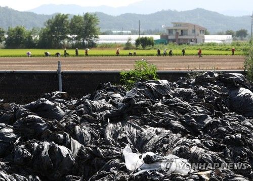 농촌에 쌓여있는 영농 폐비닐