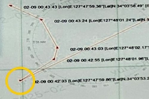 여수 해상에서 침몰한 제22서경호, 사고 당일 0시 42분께 급선회(노란색 원)