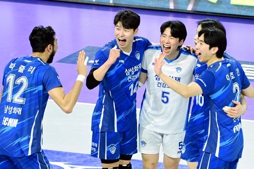 득점 후 기뻐하는 삼성화재 선수들