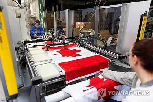 캐나다 온타리오주 배리에 있는 국기 제조업체 '플랙스 언리미티드'에서 제작되고 있는 캐나다 국기 [로이터 연합뉴스 자료사진.재판매 및 DB 금지] 