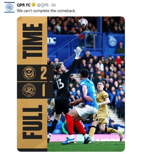 포츠머스전 패배 소식을 알린 QPR.