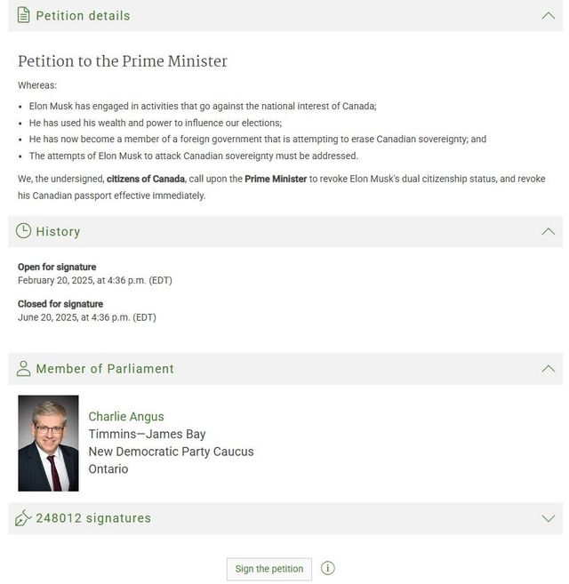 머스크의 캐나다 시민권 박탈 청원 게시된 캐나다 의회 웹사이트