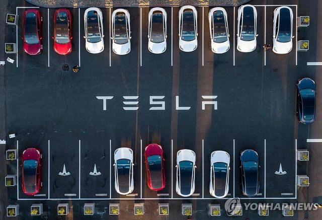 미국 테슬라 공장 주차장의 로고