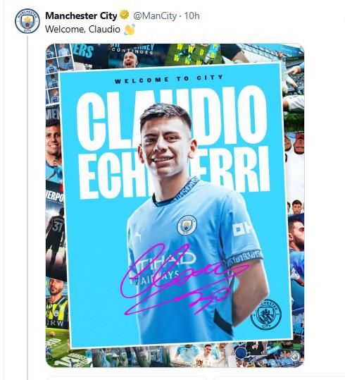 에체베리의 합류를 알린 맨시티.
