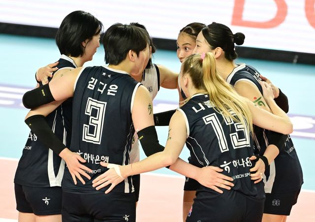 득점 후 기뻐하는 도로공사 선수들