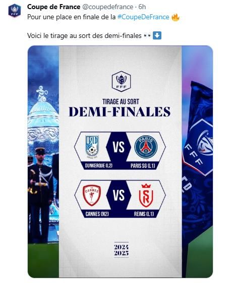 프랑스컵 4강 대진 추첨 결과를 알린 프랑스축구협회.