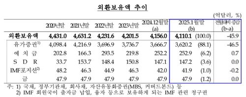 1월 외환보유액 4천110억달러…환율 방어 등에 46억달러↓ - 2