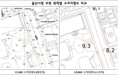 맨홀과 가로등 위치까지 표시된 대축척 수치지형도(왼쪽)