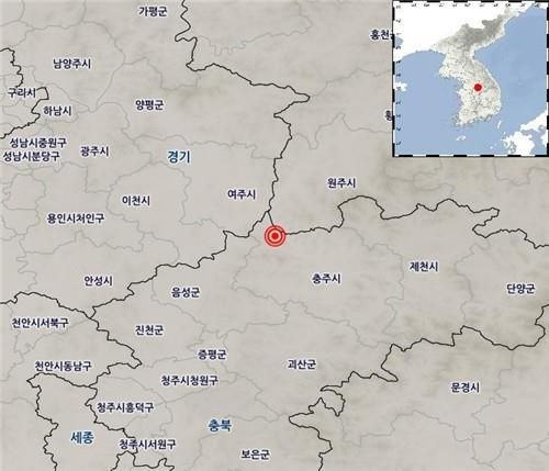 7일 새벽 지진이 발생한 충북 충주시 북서쪽 22㎞ 지역