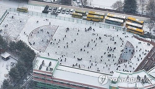 눈 내린 대구, 초등학교 운동장은 '만원'