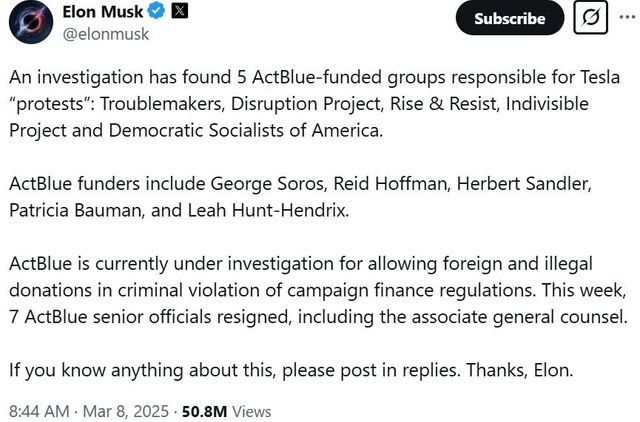 일론 머스크가 지난 8일 엑스에 올린 글