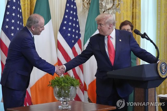 악수하는 도널드 트럼프 미 대통령(오른쪽)과 미할 마틴 아일랜드 총리(왼쪽)
