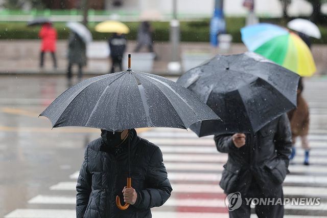 울산 남구 거리에서 시민들이 우산을 쓰고 걸어가고 있다.