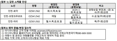 아시아나항공 감편 스케줄 안내 및 예약 변경 접수처