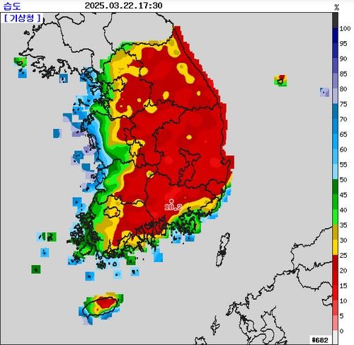 22일 오후 5시 30분 현재 습도. [기상청 제공. 재판매 및 DB 금지]