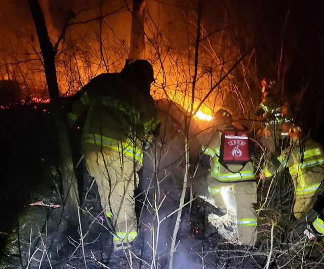 언양 산불 야간 진화 작업 중인 소방대원들