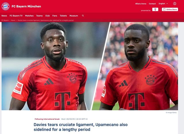 알폰소 데이비스와 다요 우파메카노의 부상 소식을 전한 뮌헨