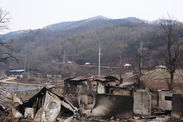 급하게 달려가는 산불 진화차