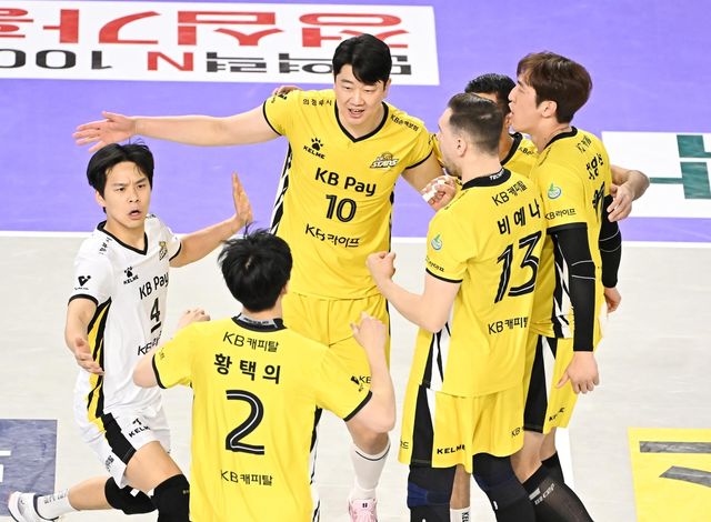 득점 후 기뻐하는 KB손해보험 선수들