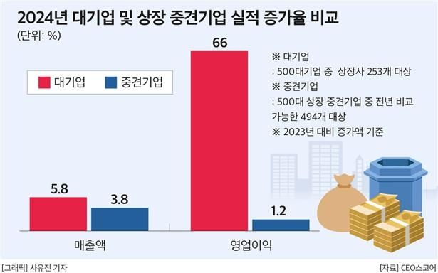 2024년 대기업 및 상장 중견기업 실적 증가율 비교