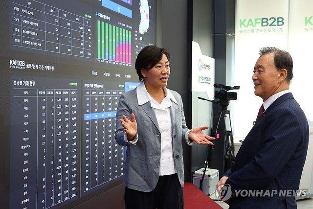 대화하는 송미령 농식품부 장관과 홍문표 aT 사장