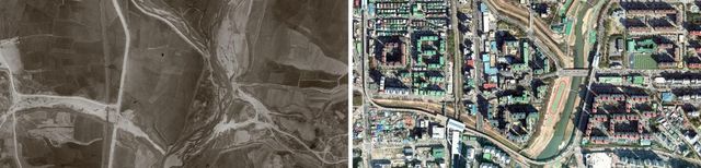 의정부 중랑천 동막교 일대 1954년(좌)과 2023년 모습.