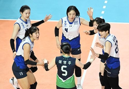 득점 후 기뻐하는 현대건설 선수들