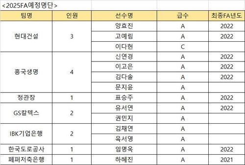 2024-2025시즌 종료 후 FA 취득 예상 여자 선수들