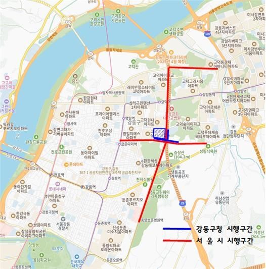 강동구 공동 탐사 특별점검 시행 구간 위치도