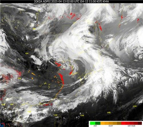 13일 오전 11시 천리안위성 2A호 황사 탐지 영상. [국가기상위성센터 제공. 재판매 및 DB 금지]