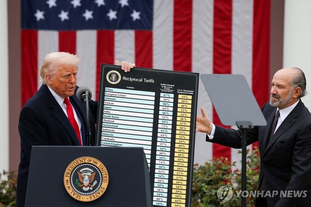 트럼프 대통령에 국가별 관세표 건네는 러트닉 상무장관