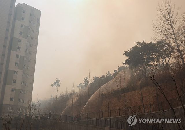 지난 3월 25일 울산시 울주군 언양읍에서 난 산불로 불길이 아파트 인근까지 접근하자 관리사무소 직원과 주민이 소화전 등을 이용해 물을 뿌리고 있는 모습. [연합뉴스 자료사진]