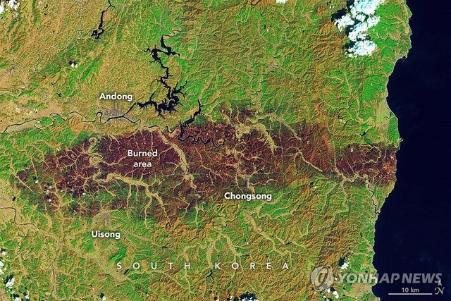미국 위성이 포착한 경북 산불 피해 지역