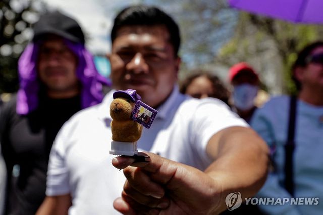 에콰도르 대통령 당선인 사진과 함께 꾸민 카피바라 인형