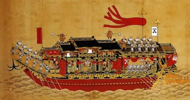 통신사 상상관이 탄 배와 수행하는 배를 그린 그림