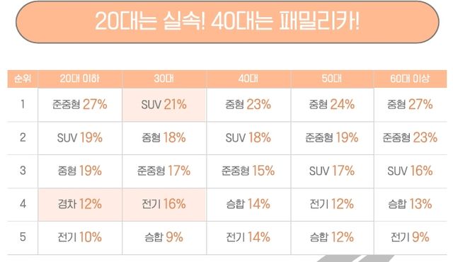 연령별 주요 선호 렌터카 비중 