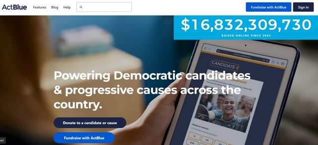 미국 민주당 주요 정치자금 모금 플랫폼인 액트블루 홈페이지