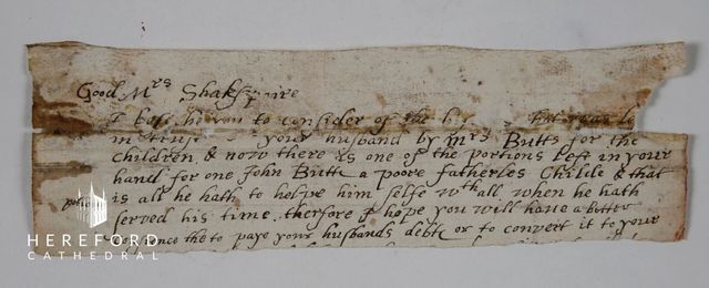 수신자가 '훌륭하신 셰익스피어 부인'으로 적힌 1600년대 초 편지 