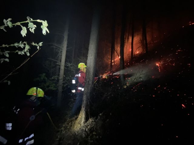 야간 산불 진화 중인 공중진화대