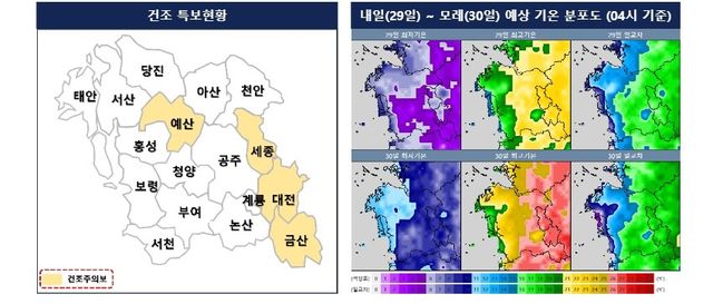  건조 특보현황 및 예상 기온 분포도 