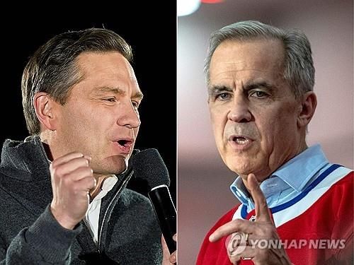 캐나다 집권 자유당의 카니 총리(오른쪽)와 야권 보수당의 포일리에브르 대표