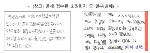 양육시설 아동들의 소원 편지