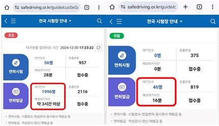 동일한 운전면허시험장 대기 현황 비교. 2024년 12월 30일(좌) 2025년 4월 초(우) 