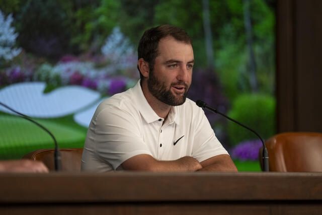 9일(한국시간) 오거스타 내셔널 골프클럽에서 기자회견 하는 셰플러